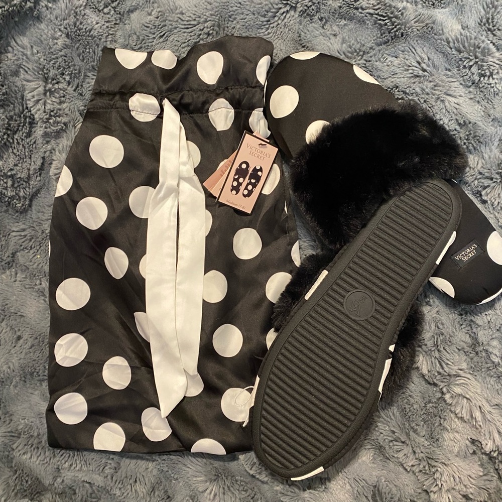 Victorias Secret Signature Satin Slippers Black & White Polka Dot with Faux Fur